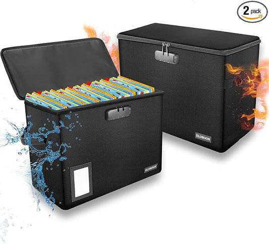 2 Pack Comic Book Storage Box, ELOBOON Fireproof & Water-Resistant Comic Book Box with Lock and Label Window, Moistureproof Comic Short Box with Fire Zipper, Comic Book Bin with Non-Slip Bottom, Black