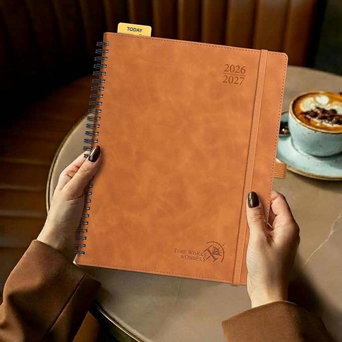 POPRUN 2026-2027 Monthly Planner, Large 8.5" x 10.5", 18 Month Calendar (July 2026 to December 2027) with Expense Tracker, Notes Pages, Sprial Bound, Leather Softcover - Pink