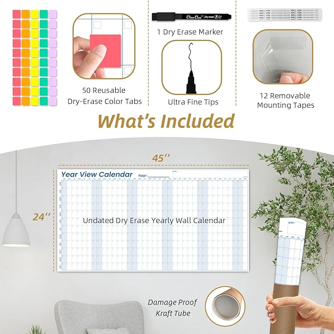 Large Dry Erase Wall Calendar - 24"x 45" Undated 12-Month Yearly Wall Calendar for Home, Office, Classroom - 50 Reusable Dry Erase Color Tabs Included