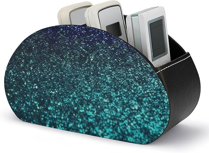 Teal Glitter Remote Control Holder - PU Leather Remote Caddy with 5 Compartments Multi-functional Office Desk Storage Caddy Store TV, DVD, Blu-Ray, Media Player