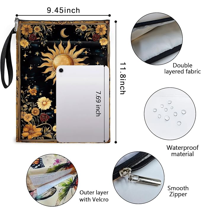 Mystic Sun and Moon Tarot Book Cover, Waterproof Book Sleeve with Zippered Front Pocket Retro Flowers Book Pouch for Book Lovers, Christmas, Birthday, Graduation Gifts (Flower&Moon, Large)