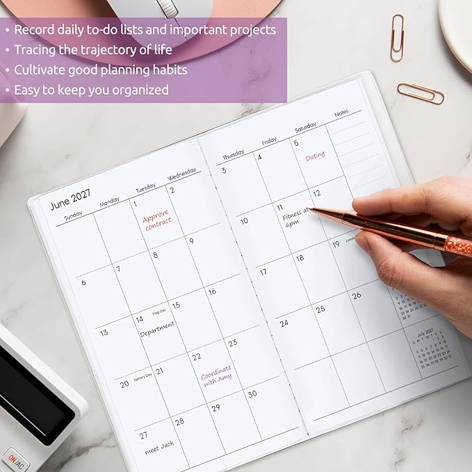 Pocket Calendar 2026-2027, Monthly Purse Planner - 6.7" x 3.7" - Runs from January 2026 Until December 2027, Floral Pocket Calendar with PVC Cover for Planning, Organizing and Office
