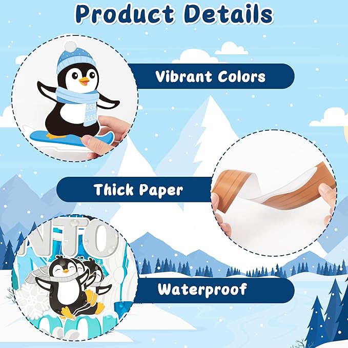 TICIAGA 79Pcs Winter Penguin Sliding Into A Good Book Bulletin Board Set, Winter Penguin Bookshelf Cutouts Trim Border for School Library Learning Classroom Chalkboard Wall Christmas Decorations