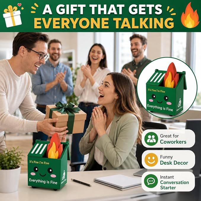 Desk Dumpster Fire Pen Holder – Everything’s Fine Funny Office Desk Decor, Mini Trash Can Pencil Holder Organizer with Flame Note Cards, Stress Relief White Elephant Gag Gift for Coworker