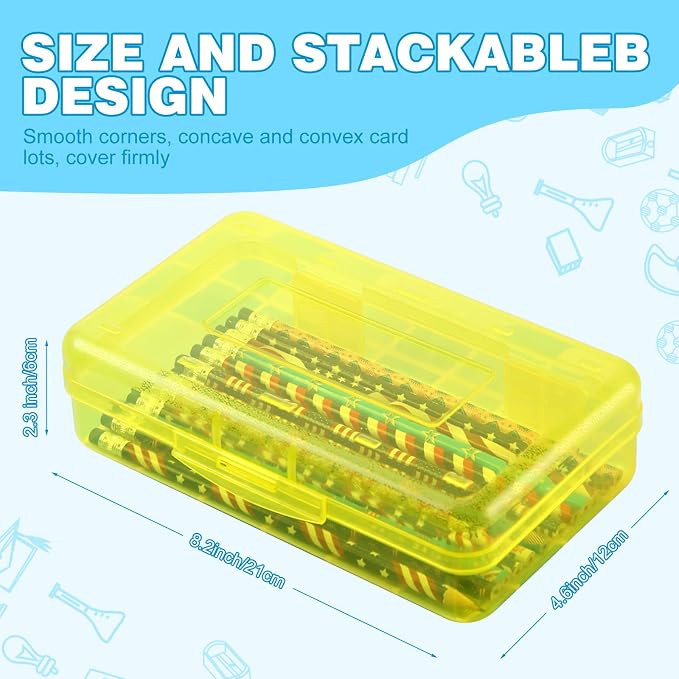 Leelosp 12 Pack Clear Pencil Boxes for School Bulk, Large Plastic Pencil Case with Lid, Stackable Hard Crayon Storage Box for Classroom Kids, Desk Drawer Organizer for Office Home(Pink Yellow Blue)