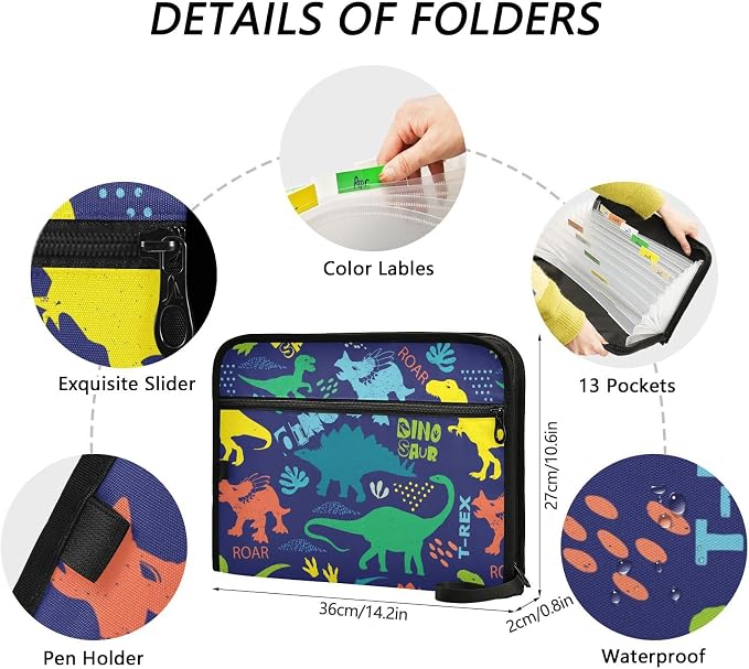 Colorful Dinosaur Grunge Purple File Folders,Plastic Folders with 13 Pockets,Expandable File Folder for Documents School Students Office,Aesthetic Folder with Labels A4 Letter Size