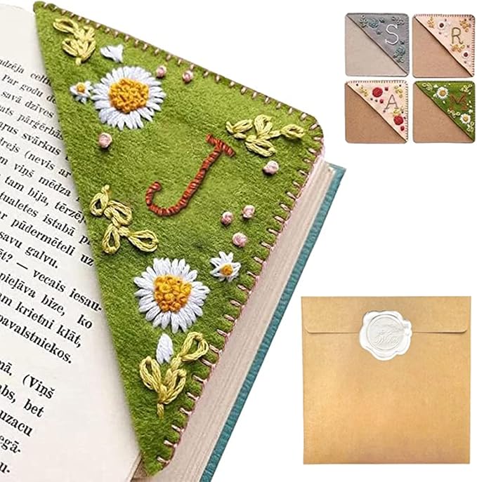 Personalized Hand Embroidered Corner Bookmark, 26 Letters Hand Stitched Felt Corner Letter Bookmark, Cute Flower Embroidery Bookmarks for Book Reading Lovers Meaningful Gift (Summer，J