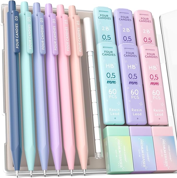 Four Candies 6PCS Cute Mechanical Pencil Set with 372 Leads & Erasers, 0.5 mm Fine Point, Pencils Mechanical with 360PCS (HB & 2B) Lead Refills & 12PCS Erasers & Storage Case for Writing & Drawing