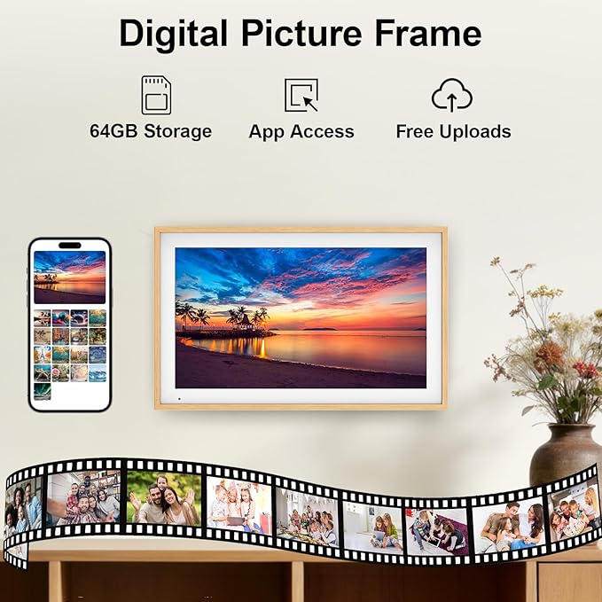 Digital Calendar 15.6" Digital Wall Planners for Family Schedules, Electronic Calendar with 1920*1080 Interactive Touchscreen, Digital Photo Frame Built-in 64GB Memory, Smart Calendar-Wooden
