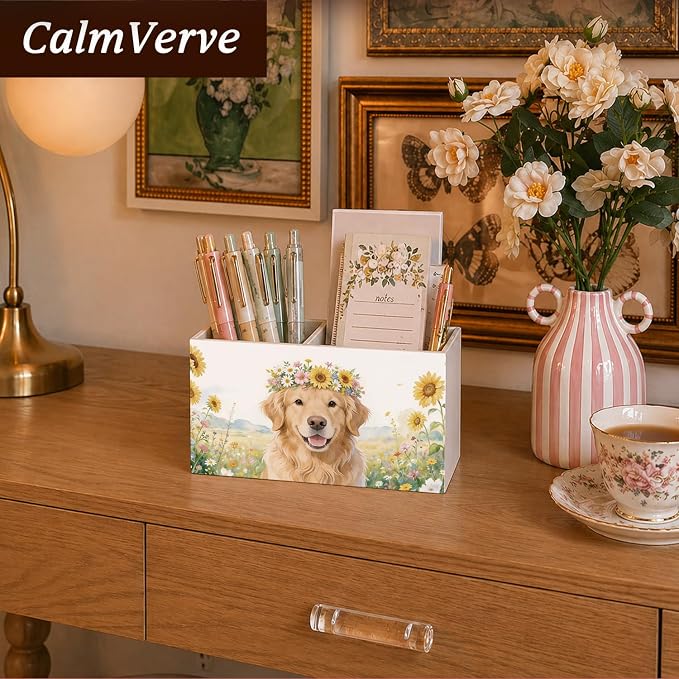 Golden Retriever Dog Floral Pen Pencil Holder for Desk, Golden Retriever Gifts for Women, Dog Mom Lover Gifts Pencil Holders Wooden Box Organizer for Home Office Bedroom Desk Tabletop