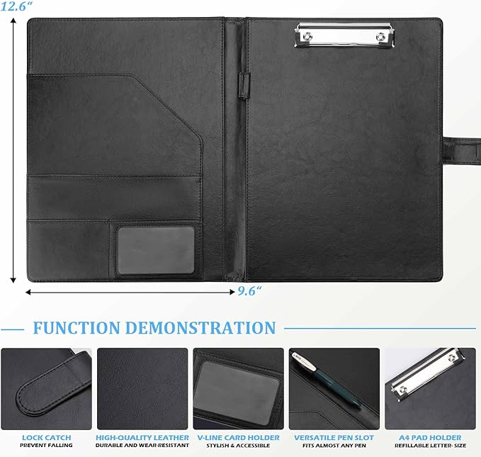 Tiankool Padfolio Portfolio Folder Binder -Faux Leather Portfolio Folder with Cover for A4 Notepad Holder, Business Portfolio for Resume, Legal Pad, Interview, Letter-size Padfolio for Women/Men,Black