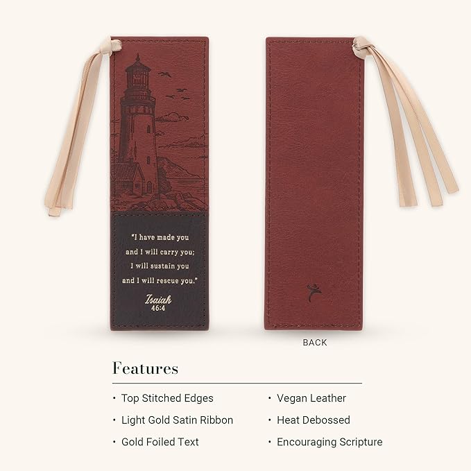 Christian Art Gifts Premium Vegan Leather Inspirational Scripture Bookmark for Men & Women: I Will Carry You Encouraging Bible Verse, Heat-Debossed, Satin Ribbon, Lighthouse Ocean Theme, Brown & Gold