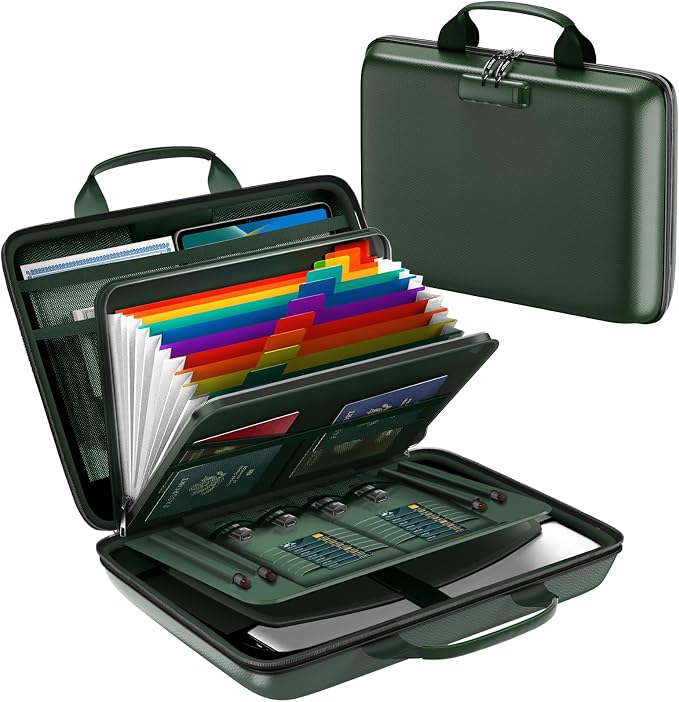 Fireproof Document Box, Hard Case Fireproof File Organizer Box with Lock and 13 Pocket Accordion File Folder, Portable Safe Box for Home Office Travel to Storage Important Documents Laptop Green