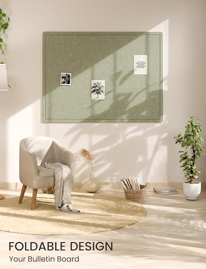 Fluxynara Bulletin Board,47.2" × 35.4" Cork Board Alternative with 24 Safe Removable Adhesive Tabs, Foldable Felt Pin Board for Home Office, Classroom, Bedroom,Entryway for Walls—Sage