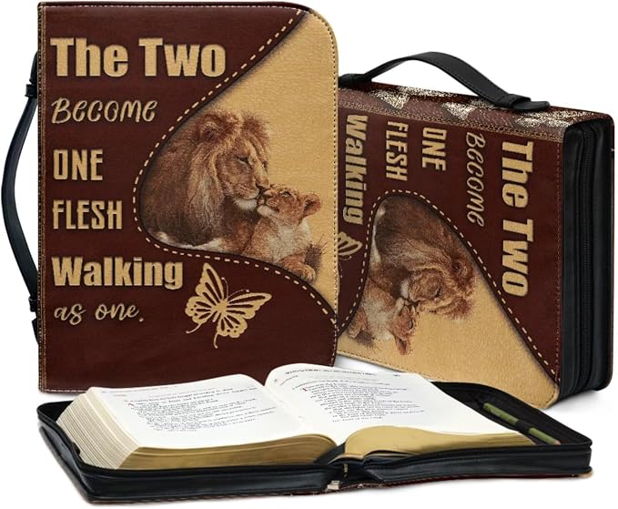 Religious Style Cross and Lion Bible Case with Bookmark Waterproof Bible Cover Case for Women Lightweight Bible Bag with Handle Pockets Church Book Bag Brown