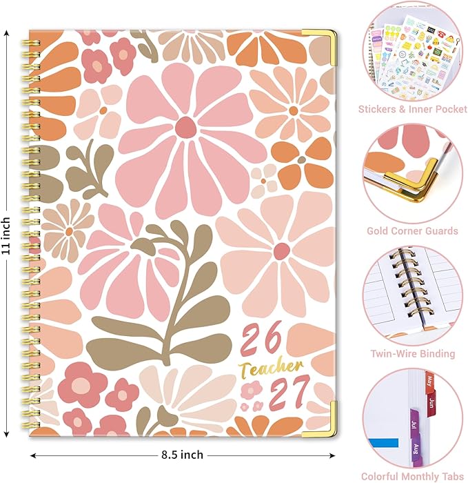 Teacher Planner 2026-2027 Academic Year, Jul.2026 - Jun.2027, 8.5" x 11" Lesson Planner Book for Teachers, Teacher Planners with Colorful Monthly Tabs for Homeschool & Classroom Organization - Pink