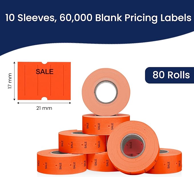 Perco 2 Line Fluorescent Red "SALE" Labels - 80 Rolls, 10 Sleeves, 80,000 Blank Price and Date Gun Labels for Perco 2 Line Price and Date Guns - Made in USA