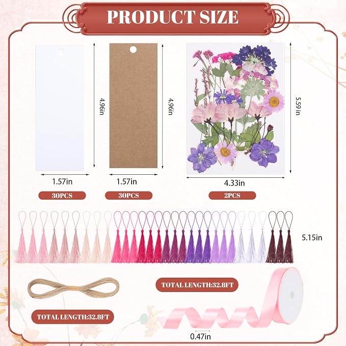 60 Pcs Kraft Paper Blank Bookmarks, DIY Pressed Flower Craft Bookmarks Set, Dried Floral Book Mark Making Kit, with 40 Pcs Pressed Flowers, 30 Pcs Tassels, 1 Roll Ribbon, 1 Roll Twine, 1 Pcs Tweezers