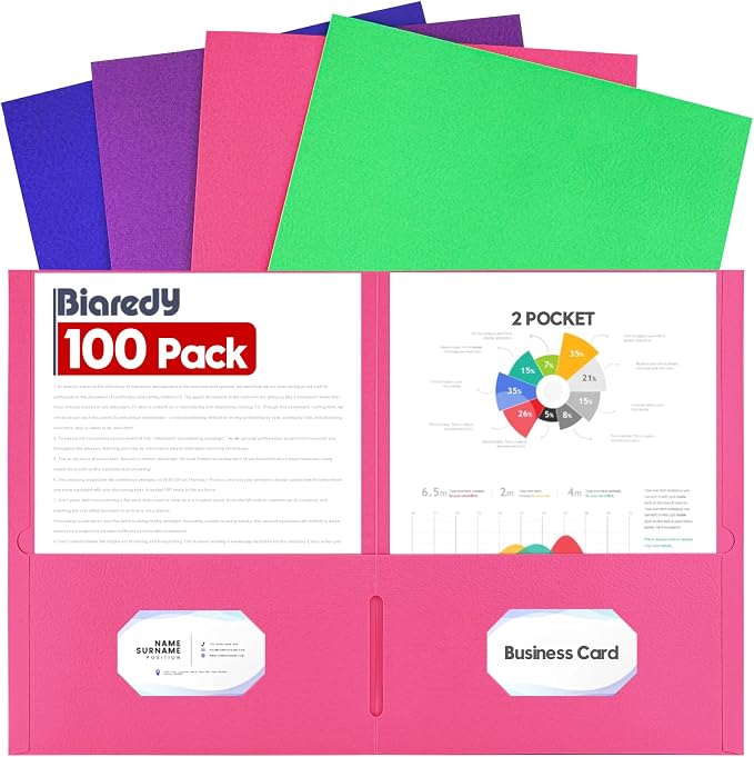 2 Pocket Folders, 100 Pack Bulk Durable Paper Letter Size File Folders with Business Card Slot for Office, Home, School and Business Use, Assorted 4 Colored