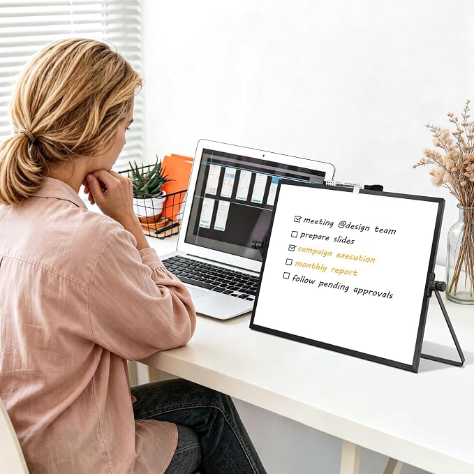 Dry Erase White Board, WALGLASS 16" x 12" Small Desktop Whiteboard with Stand, Double-Sided Magnetic Whiteboard, Portable Dry Erase Board for Kids Drawing, Study, Home, Office, School (Black)