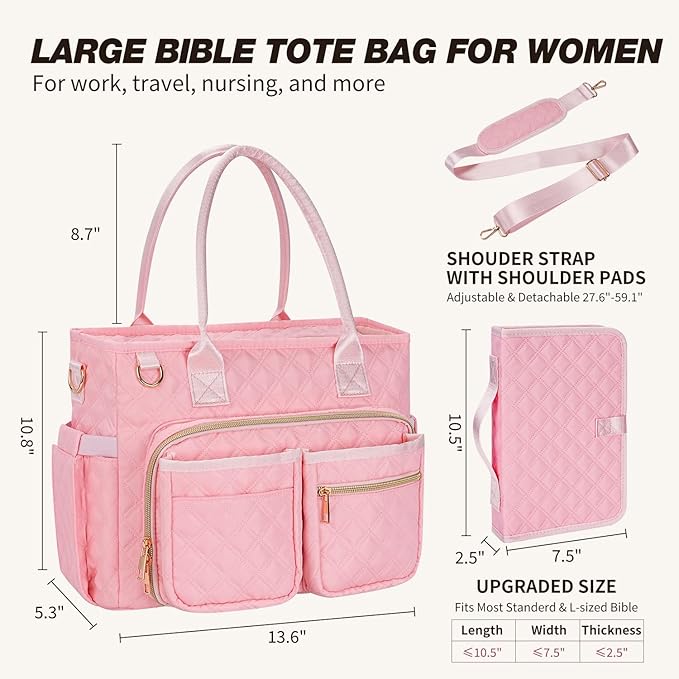 KOPKOFT Large Bible Cover Case for Women, Quilted Church Tote Bag with Shoulder Strap, Bible Study Supplies Journaling Kit Bible Accessories, Christmas Christian Gift for Women (Pink)