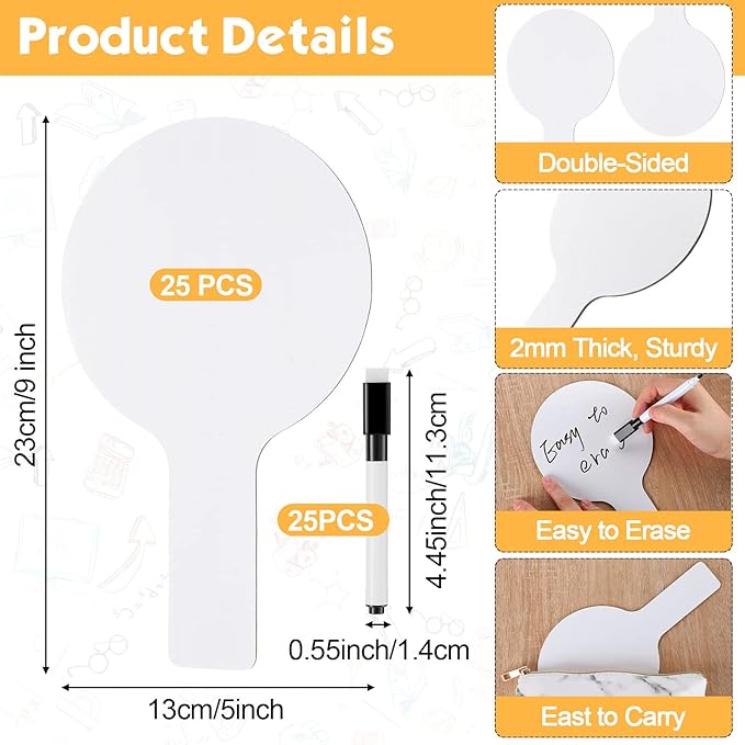 25 Sets 5x9 Inch Answer Dry Erase Paddles and 25 Black Marker Set Handheld Small Dry Erase Board Double Sided Auction Paddles Handheld Whiteboard for Classroom Voting Answering Auction Bidding