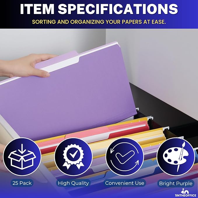 1InTheOffice Purple File Folders, 1/3 Cut Tabs, Letter Size, Violet, 25-Pack