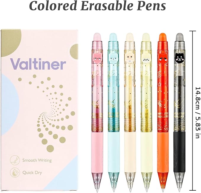 6 Colors Cute Glitter Erasable Pens, 0.5mm Fine Point Colored Retractable Gel Pens, Smooth Writing Ink Pen Marker Make Mistakes Disappear for Coloring Note-Taking Supplies
