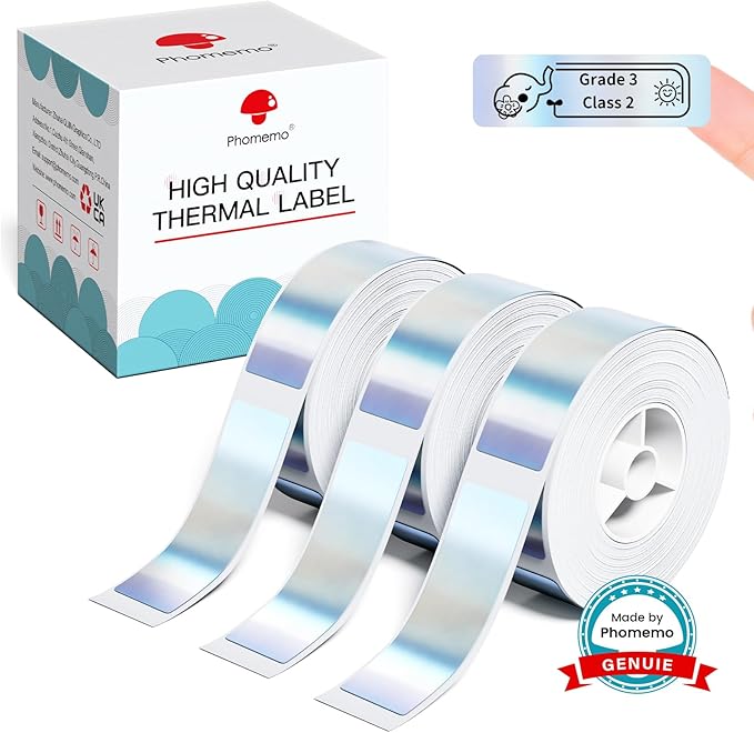 Phomemo D30 Label Tape, Black on Silver Stunning Holographic Shine Label, Laser Name Label Thermal Paper Self-Adhesive, 12 x 40 mm (0.47 x 1.57 Inch) 3-Roll for Home School Office Organization