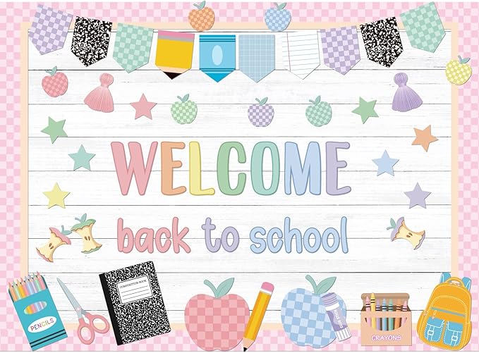 Mooliwe 94 Pcs Composition Notebook Classroom Decor Welcome Back to School Bulletin Board Set Checkered Classroom Decor Pencil Apple Paper Cutouts for First Day of School Party Wall Door(Pastel)