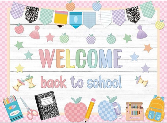 Mooliwe 94 Pcs Composition Notebook Classroom Decor Welcome Back to School Bulletin Board Set Checkered Classroom Decor Pencil Apple Paper Cutouts for First Day of School Party Wall Door(Pastel)