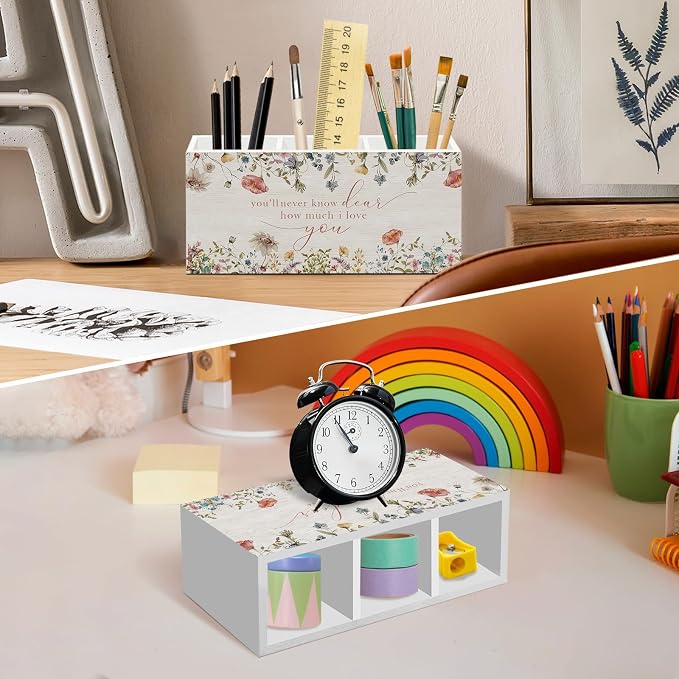 Wildflower Nursery Pen Pencil Holder for Desk Decor, Boho Floral Baby Girl Room Office Desk Accessories, You'll Never Know Dear How Much I Love You Sign Pen Holders Organizer for Nursery