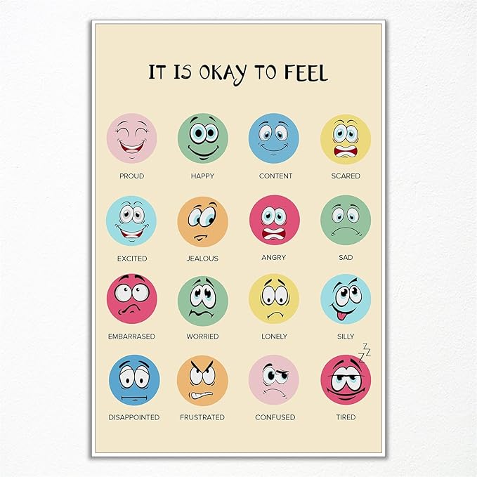 xbsifyiooa Feelings Chart, Calming Corner, Preschool Classroom Must Haves, Mental Health Poster, It Is Okay To Feel Emotions, Therapist Office Wall Art 16x24in Unframed