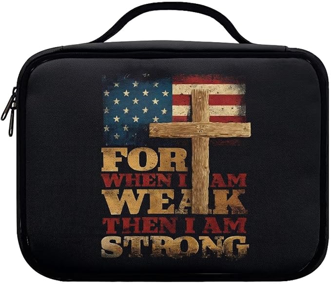 Bible Covers for Women Men Zippered Bible Carrier Book Bag, for When I AM WEAK Then I AM Strong, Church Bag Bible Protective with Handle Christian Gifts, Cross American Flag Print