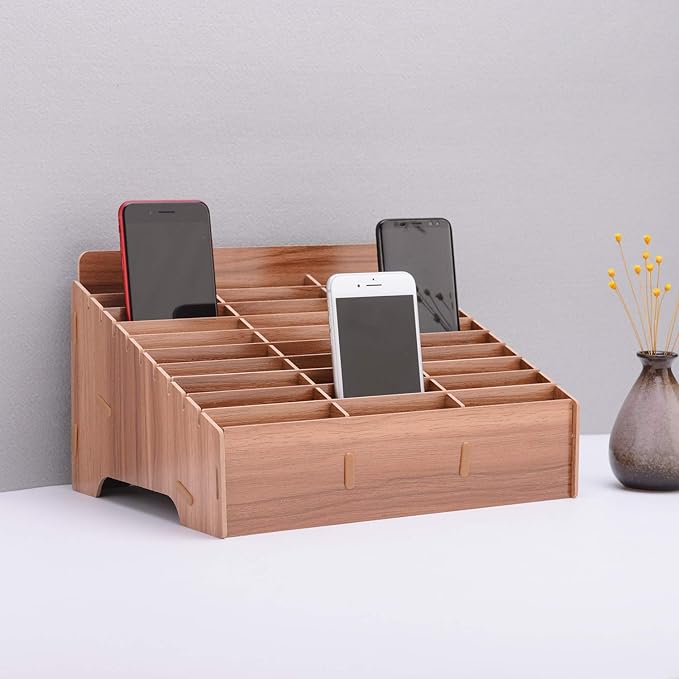 Wooden Cell Phone Organizer Phones Holder Desktop School Office Supplies Multifunctional Assembly Storage Box for Classroom Office Meeting Room Teacher (30 Grid Brown)