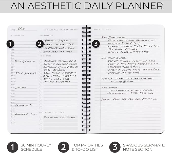Beautiful Daily Planner And Notebook With Hourly Schedule - Aesthetic Spiral To do List Notepad to Easily Organize Your Tasks And Appointments - Stylish Book And School Or Office Supplies For Women