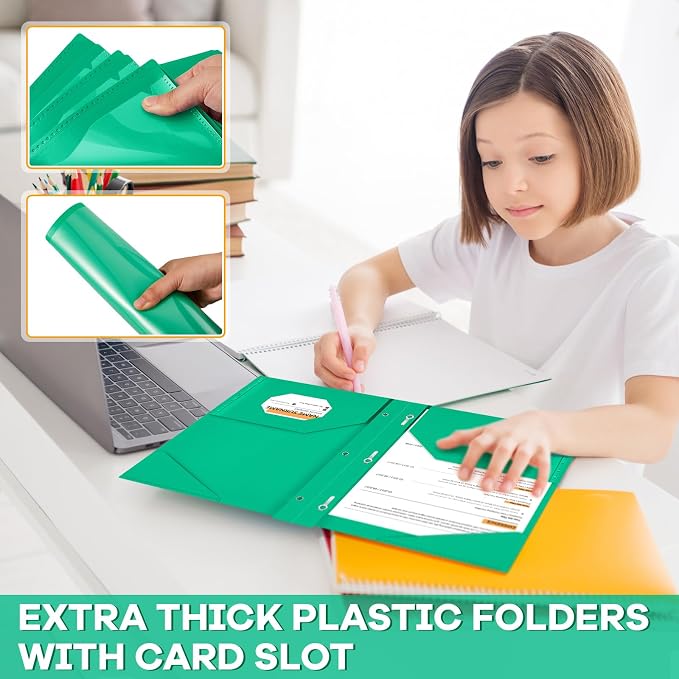Henoyso 18 Pcs Plastic Folder with Clear Front Pocket and 3 Prong Plastic Folders with Card Slot Pocket Folders with Prongs for School Office (Green)