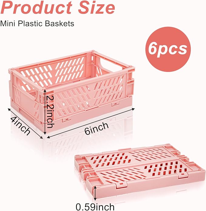 6 Pack Mini Foldable Small Plastic Baskets for Organizing and Storage，Collapsible Storage Crates,Mini Bins for Home Kitchen Bedroom Bathroom Office (Pink, Small 6x4x2.2)