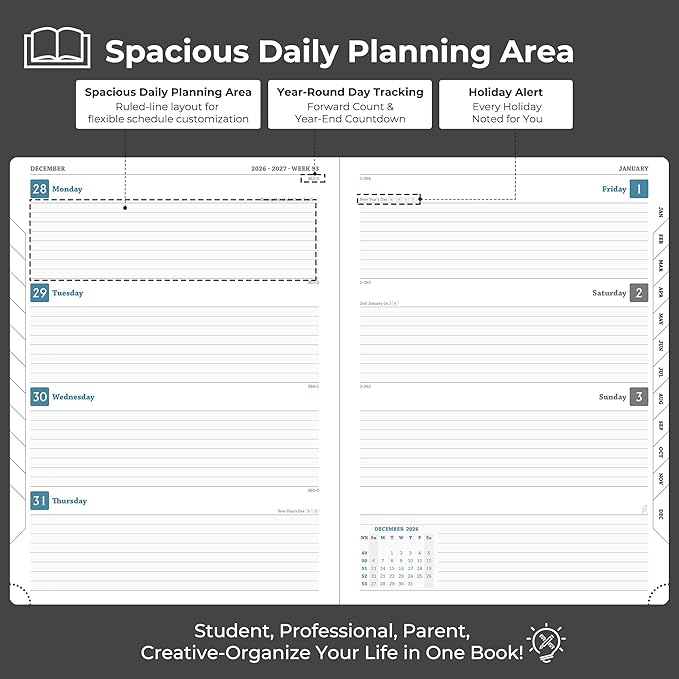 Weekly Monthly 2026-2027 Planner (July 26-Dec 27),11.5"x8.5",18 Months Agenda Plan with Month Tabs & Pocket,Expenses/Note Pages, Academic Calendar with Vegan Leather Cover,Black