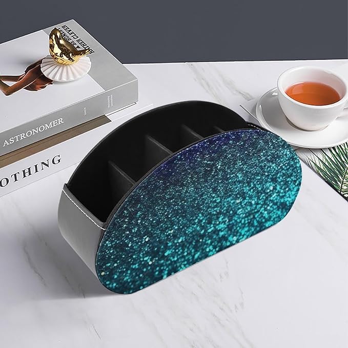 Teal Glitter Remote Control Holder - PU Leather Remote Caddy with 5 Compartments Multi-functional Office Desk Storage Caddy Store TV, DVD, Blu-Ray, Media Player