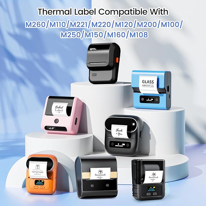 M110 Thermal Labels 1.57"X1.57" (40X40MM), Compatible with Label Maker Machine M100/ M110/ N20/ M220/ M250/ M108/ M221, Multi-Purpose Adhesive Thermal Labels, Black on White, 180 Labels/Roll