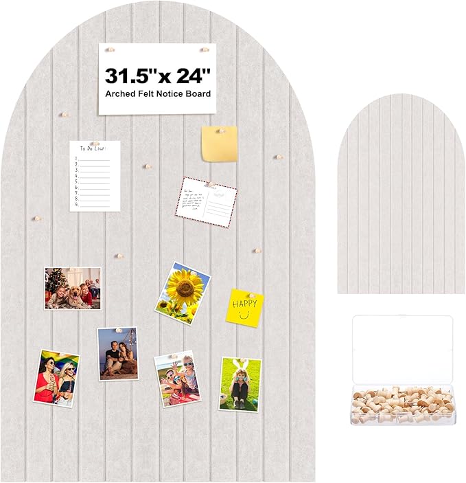 SmoothNovelty 31.5 X24 Inch Large Arch Felt Bulletin Board with 50 Wooden Pushpins Decorative Picture Framed Display Board Felt Tile Wall Organizer for School Home Office Boho Wall Decor (Light Camel)