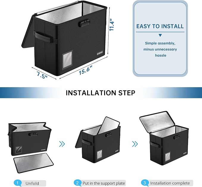 5200 Fireproof Book Storage for 150-175 Comics, Water-Resistant & Moistureproof Stackable Box With Label Window and Lock, Sturdy Short Case With Fire Zipper, Black