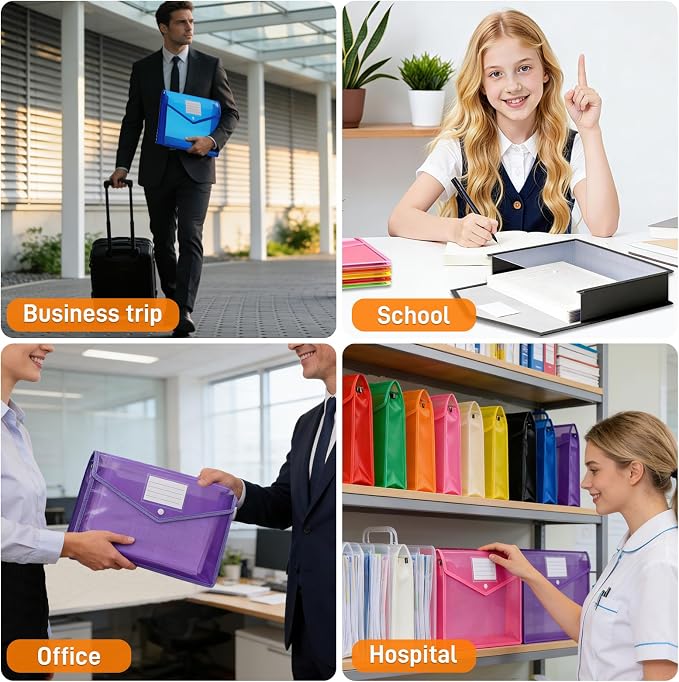 10 Pack Plastic Expanding File Folder, Transparent Folders for Documents with Snap Closure, Large Capacity, No Dividers, Fit Letter/A4 Size, 9 Colors for Tax, Office & Home School Organizer