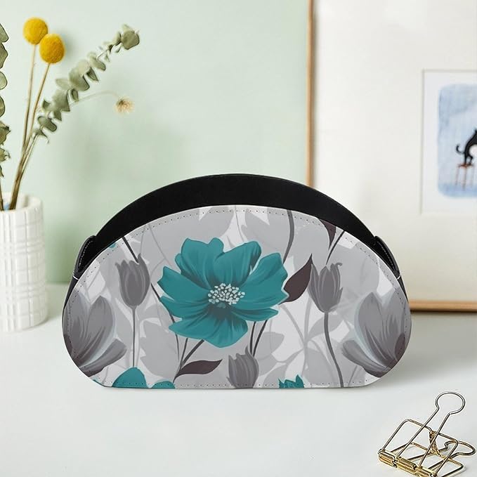 Teal Grey And White Floral Remote Control Holders Waterproof Pu Leather TV Remote Holder Desktop Storage Organizers Remote Caddy Box with 5 Compartments for TV Remotes/Media Controllers/Office Supplie