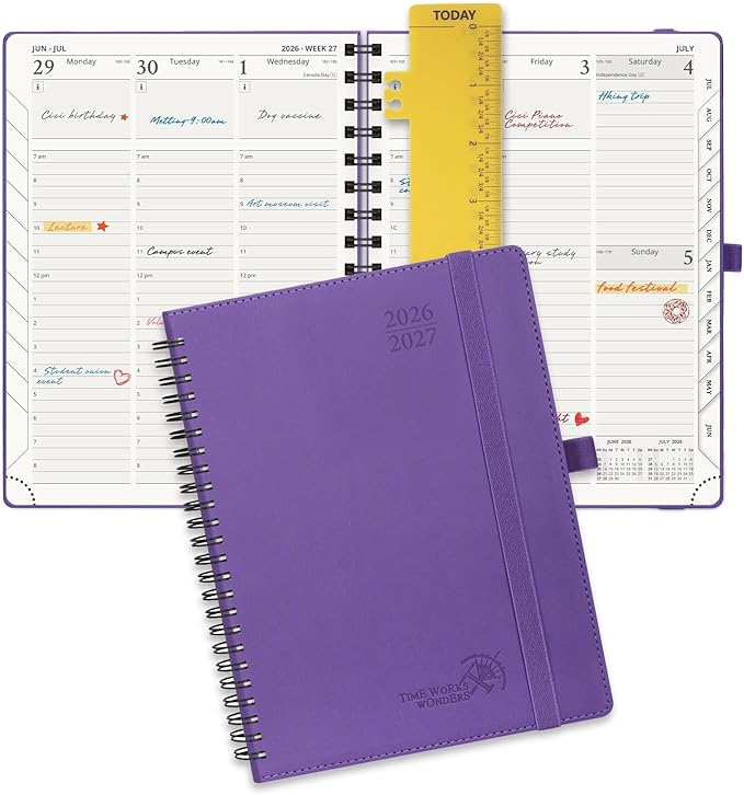 POPRUN Planner 2026-2027 (Medium - 6.5'' x 8.5'') Academic Weekly Calendar (July 2026 - June 2027) with Hourly Time Slots, Monthly Tabs, 100GSM Thick Papers, Spiral Leather Cover - Purple