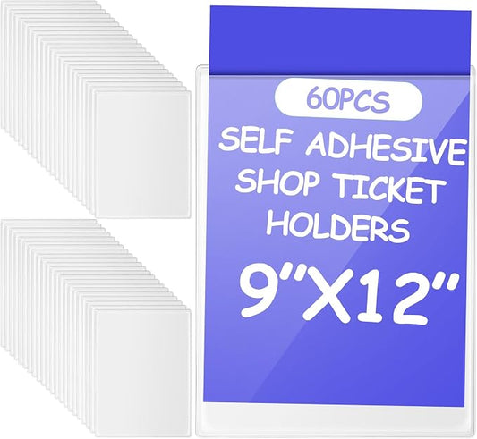 Outus 60 Pcs Self Adhesive Shop Ticket Holders Clear Plastic Sleeves Adhesive Pockets Work Order Job Ticket Holders for Back to School Student Label Home Office Posting Signs (9 x 12 Inch)