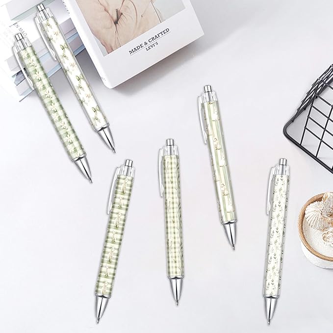 6PCS Spring Pattern Pens Set, Green Bow Reusable Writing Pens, Cute Accessories Items Stationary, Perfect for School, Office Supplies, Party Gifts, Theme Notebooks, Sticky Notes, Desk Decor