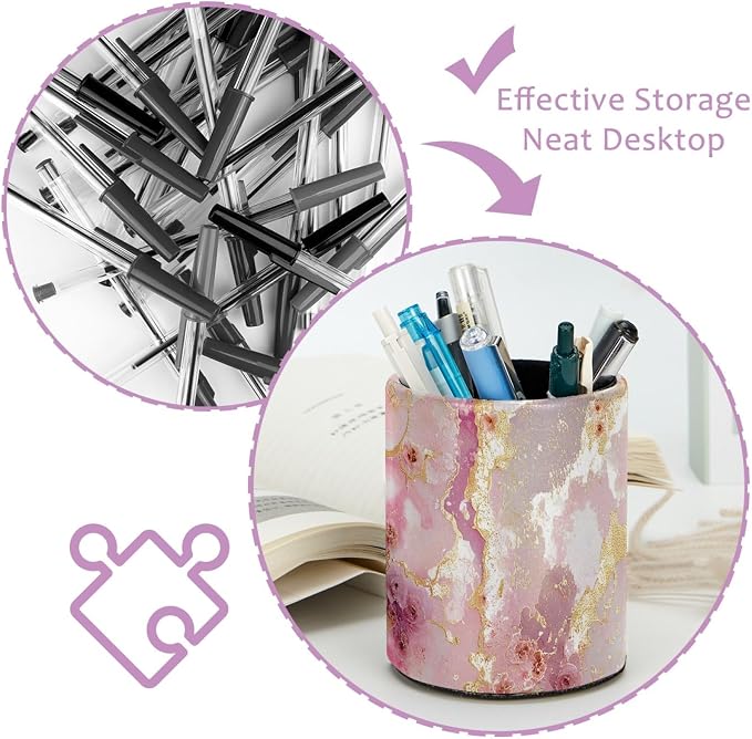 Leather Pen Holder for Desk, Pink Gold Marble Makeup Brushes Holder Pencil Cup Multifunctional Desktop Organizer Caddy for Home School Office Desk Accessories