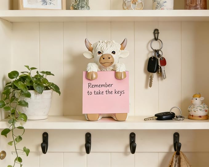 Highland Cow Pop-Up Sticky Note Dispenser with 100 Sheets 3 x 3 Inch Notes, Handmade Resin Highland Cow Desk Decor for Office, Home & Classroom, Gift for Teachers & Coworkers - Beige
